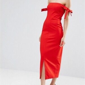 Lavish Alice Red Tie Shoulder Pencil Bodycon Front Slit Midi Dress UK 10 US 6